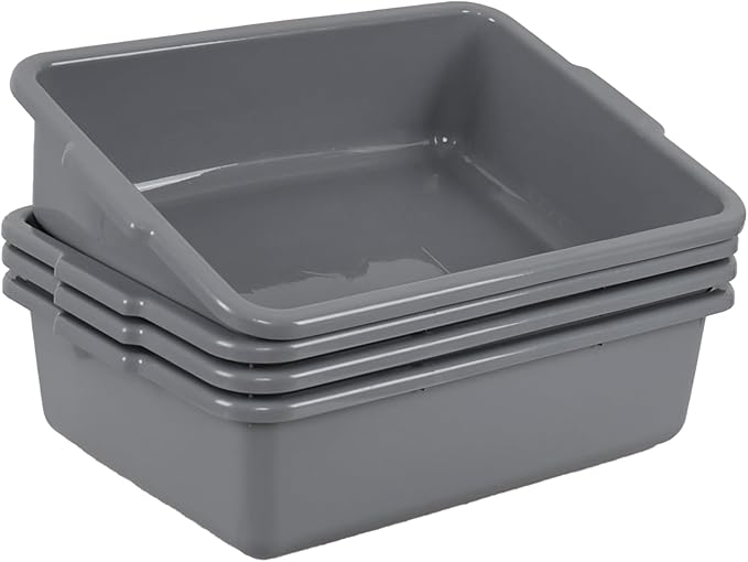 4-Pack 25 L Grey Bus Box Utility Bus Tub Plastic Commercial Dish Pan Set Grey