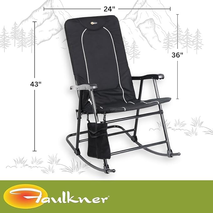 Faulkner Dakota Folding Rocking Chair Black Padded Seat and Backrest Lightweight Steel Frame Side Pouch 300 lb Capacity Foldable Outdoor Camping and Patio Chair