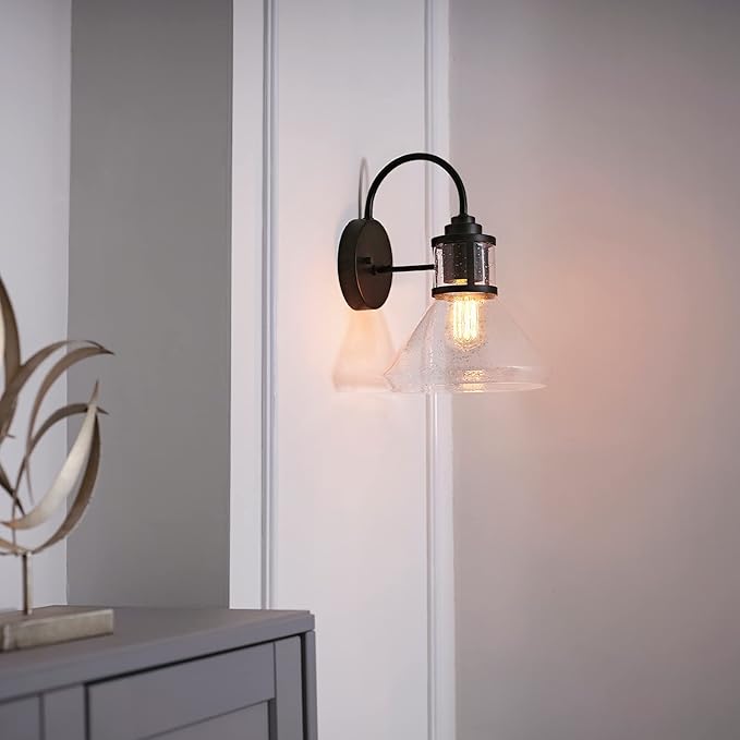 GLOBE Electric 44661 Torrent 1-Light Outdoor Wall Sconce Black Seeded Glass Shade 60W Vintage Edison Incandescent Bulb Included