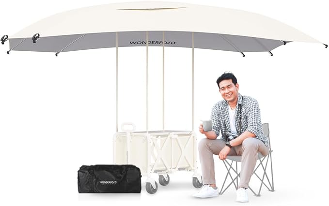 WONDERFOLD Sun Shade Canopy for S5 Convertible Utility Wagon - Large Umbrella with Sturdy Attachment &amp Plenty of Shade Around Your Utility Cart Beige