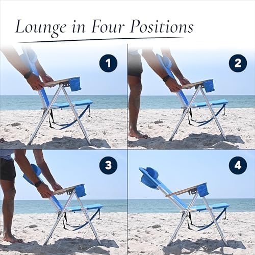 CARIBBEAN JOE Folding Beach Chair 4 Position Portable Backpack Foldable Camping Chair with Headrest Cup Holder and Wooden Armrests