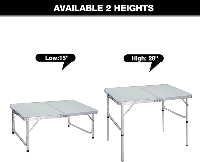 REDCAMP Aluminum Camping Table 3 Foot Portable Folding Table Adjustable Height Lightweight for Picnic Beach Outdoor Indoor White 36 x 24 inch