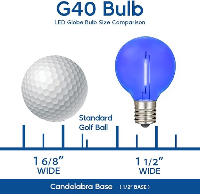 Novelty Lights 25 Pack Blue G40 LED Filament String Light Bulbs E12/C7 Candelabra Base 5 Watt Equivalent Shatterproof Replacement Bulbs for Patios Canopy Lighting