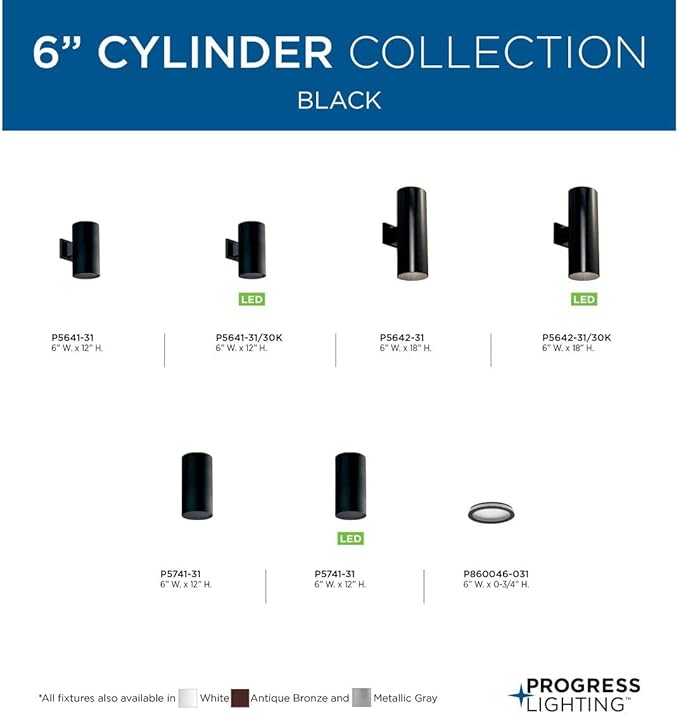 Progress Lighting 6-in Cylinder Outdoor Ceiling Light 1-Light Modern Flush Mount Interior and Exterior Home or Porch Aluminum 6 W x 12. H Black P5741-31
