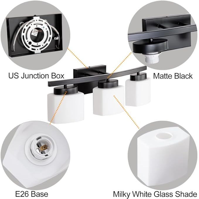 3-Light Bathroom Vanity Light Fixture Over Mirror Modern Matte Black Vanity Lights with Milky Glass Shade 23 inches Vanity Lighting Fixtures for Bathroom Lighting