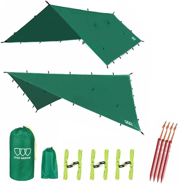 Gold Armour Rainfly Tarp Hammock Premium 14.7ft/12ft/10ft/8ft Rain Fly Cover Waterproof Ultralight Camping Shelter Canopy Survival Equipment Gear Camping Tent Accessories (Green 14.7ft x 12ft)