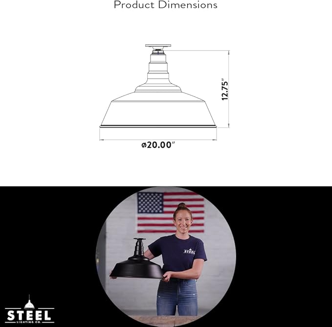 Steel Lighting Co. Manhattan Warehouse Light | Ceiling Mounted Pendant | 20 inch Dome | Flush Mount | Large Steel Barn Light Made in America | Green Exterior/White Interior