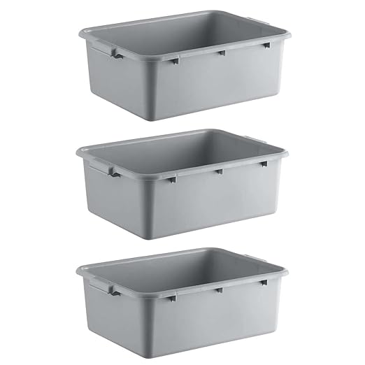 3-Pack 20 x 15 x 7 Commercial Bus Tub/Bus Box - 9 Gallons without Lid - Stackable Dish Storage Boxes for Home Kitchen Pantry or Garage Organization – Heavy-Duty and Freezer-Safe - Gray