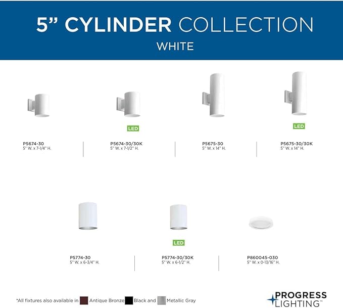 Progress Lighting 5-Inch Cylinder Outdoor Wall Sconce 2-Light Modern Wall Mount Up and Down Lights Interior and Exterior Lighting for Home or Porch Aluminum Construction White (P5675-30)