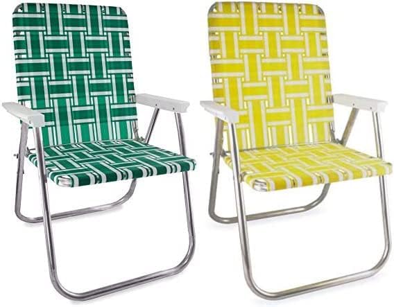 Lawn Chair USA - Outdoor Chairs for Camping | 2- Pack (Green and White Stripe &amp Yellow and White Stripe Classic)