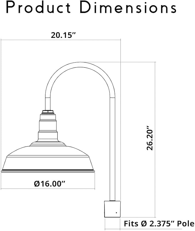 Steel Lighting Co. Gardena Barn Light | Outdoor Pole Top Mounted | 16 Dome | Upslope Gooseneck with Slip Fitter for 2-3/8 Standard Poles | Made in America | Matte Black Exterior/White Interior