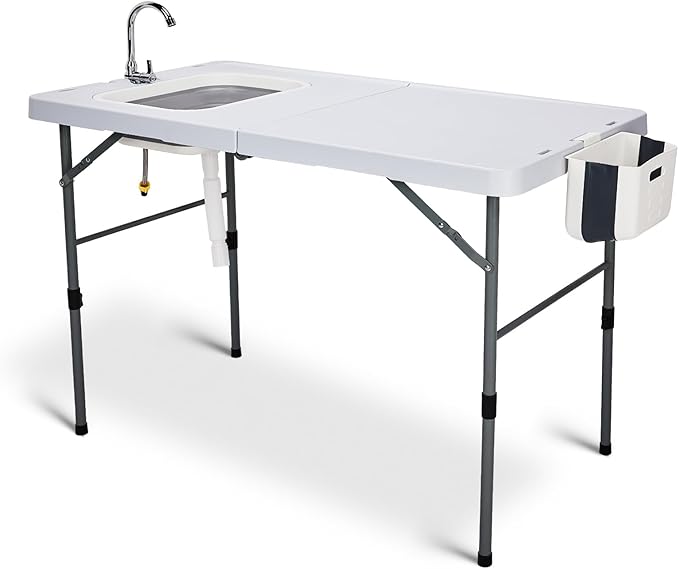 Outvita Fish Cleaning Table 50 Folding HDPE Outdoor Fish Cleaning Station with Sink and Trash Can 360° Stainless Steel Faucet Drainage Hose Working Platform for Camping Food Handling
