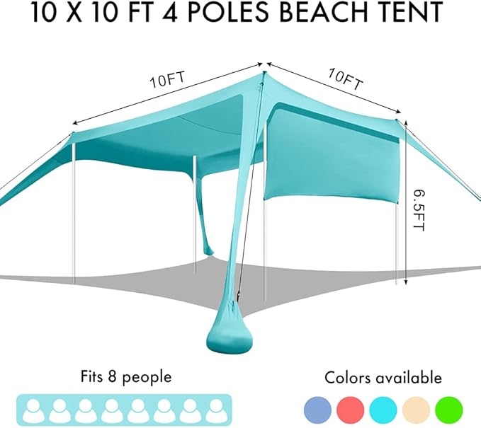 Beach Canopy Tent Shade with Sidewalls 10x10FT 6.6FT Tall UPF50+ Sun Shelter Windproof &amp Water Resistant Includes Guylines Sand Shovel Stability Poles Easy Up for Beach Outdoor Camping Backya