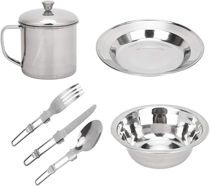 Camping Cutlery 8 Piece Stainless Steel Cutlery Set Including Cutlery Spoons Mug Bowls Plates Rags Organizer Straps Easy to Carry for Backpacking Camping Hiking