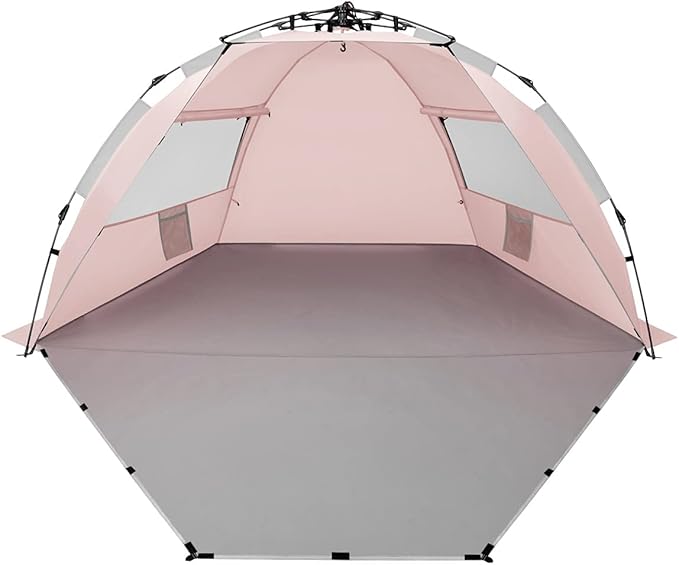 Oileus X-Large 4 Person Beach Tent Sun Shelter - Portable Sun Shade Instant Tent for Beach with Carrying Bag Stakes 6 Sand Pockets Anti UV for Fishing Hiking Camping Waterproof Windproof Pink