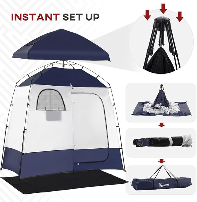 Outsunny Shower Tent Pop Up Privacy Shelter for Camping Dressing Changing Room Portable Instant Outdoor Shower Tent Enclosure w/ 2 Rooms Shower Bag Floor and Carrying Bag Blue
