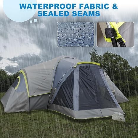 Generic 10 Person Large Tent 3 Rooms Large Camping Tent for Family Weatherproof Instant Cabin Shelter with Rainfly &amp Carry Bag for Backpacking Hiking Car Traveling Gray