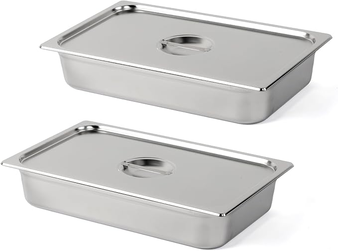 ROVSUN 2-Pack Full Size Hotel Steam Table Pan with Lid 4 Inch Deep Stainless Steel Anti Jam Pan for Party Home Commercial