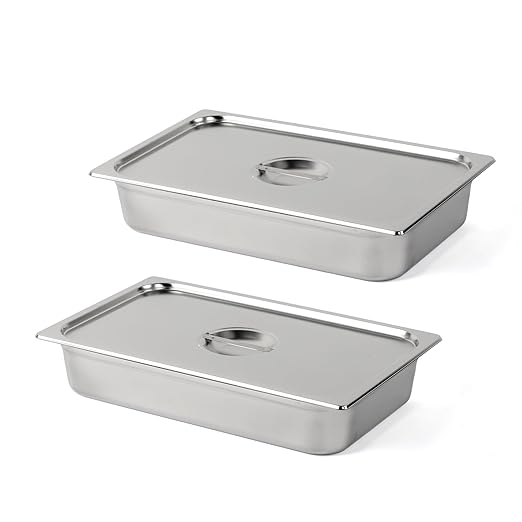 ROVSUN Full Size Hotel Pan 2-Pack 4 Inch Deep Steam Table Pan with Lid Stainless Steel Anti Jam Pan for Party Home Commercial