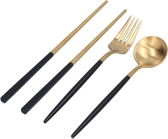 3Pcs Portable Travel Utensils Set Stainless Steel Spoon Fork Chopsticks Dishwasher Safe Cutlery with Anti Shake Groove Compact Kitchen Flatware for School Camping Office (Black gold (black storage