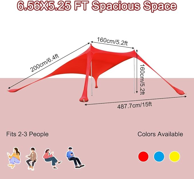 Beach Tent Sun Shelter 6.56 x 5.25ft UPF Sunshade with Sandbags &amp Aluminum Poles Portable Pop-Up Tent for Camping Picnics Fishing Fits 2-3 People (Red Includes Carry Bag &amp Shovel)