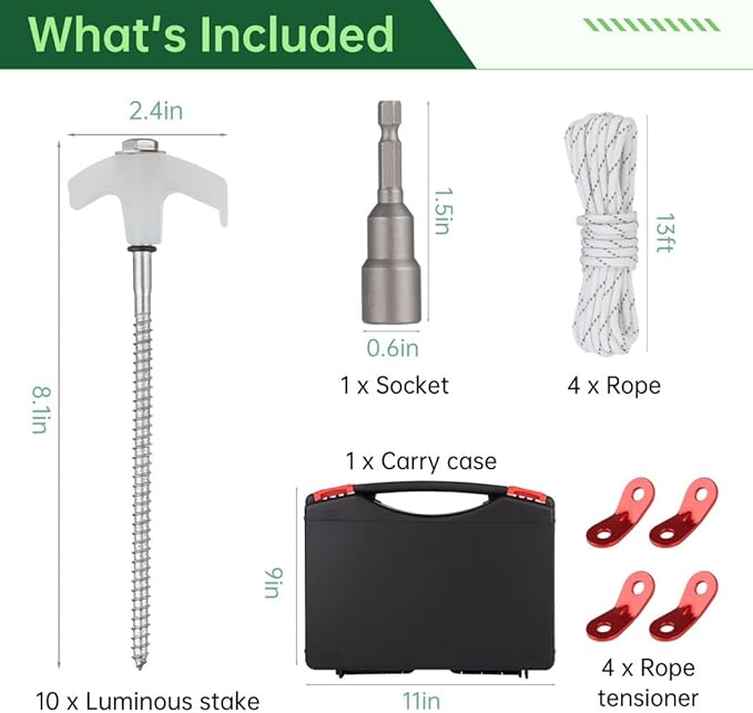 Camping Peg Kit: 10 Screw-in Metal Tent Stakes with Fluorescent Heads Reflective Cords Tensioners Socket &amp Storage Box 8 Inch for Outdoor Use