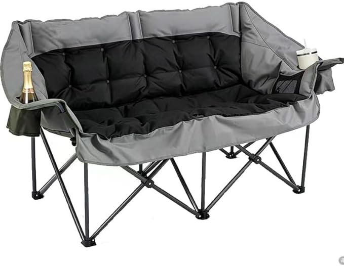 QUYUAN Double Seater Camping Chair Padded Loveseat Chair for 2 Person Oversized Heavy Duty Folding Camp Chairs Camping Couch for Tailgating RV Travel Beach Days Outdoor Sofa (Gray &amp Black)
