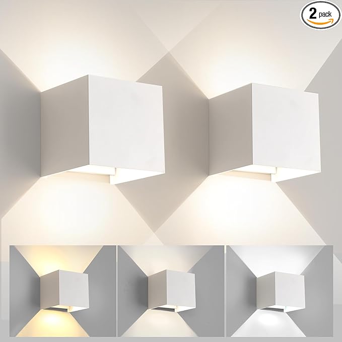 White Wall Sconces Set of Two3 Color Temperatures Hardwired Up and Down Outdoor Lights15W Indoor Wall Sconce4.33 Inch ETL Listed Exterior Wall Lights for Living Room Bedroom Hallway Porch 2 Pack