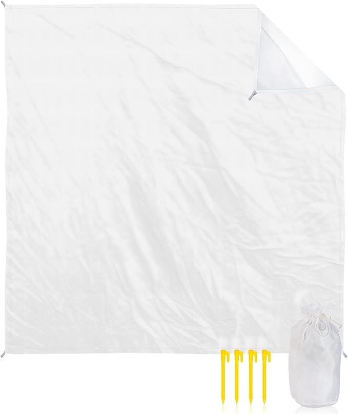 Beach Blanket Waterproof Sandproof 84”x80” Solid White Oversized Beach Mat with 4 Corner Sand Pocket &amp 4 Stakes Outdoor Picnic Mat for Camping Travel