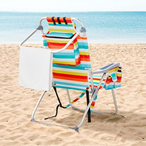 Folding Backpack Beach Chair 4 Position Portable Camping Chair with Headrest Cup Holder and Wooden Armrests (Colorful 2 Packs)