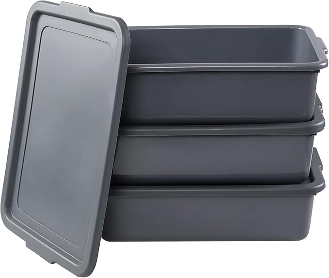 Ggbin 13 L Commercial Bus Tub with Lid 3 Packs Grey Restaurant Wash Basin Dish Pan