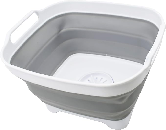 SAMMART 7.5L (2 Gallons) Collapsible Dishpan with Draining Plug - Foldable Washing Basin - Portable Dish Washing Tub - Space Saving Kitchen Storage Tray (White/Grey 1)