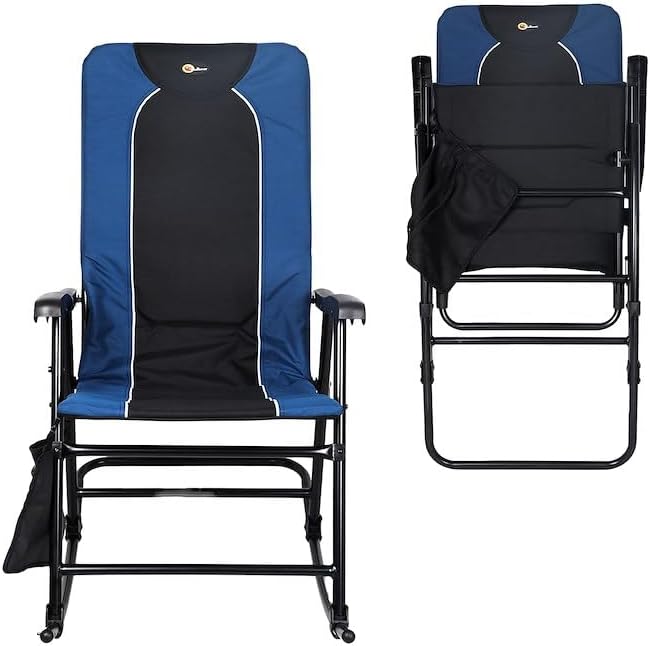 Faulkner Dakota Folding Rocking Chair – Blue/Black 42.1 x 22 300 lb Capacity Padded Camping Chair with Side Pouch Lightweight Steel Frame Folds for Easy Carry