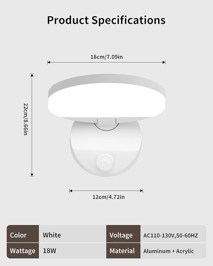 LED Modern Motion Sensor Outdoor Lights Fixtures Wired Round 18W Wall Sconce Light Exterior Porch Lights for Patio Garage Doorway Matt White Cool White 6000K