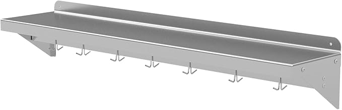 Floating Shelf with Backsplash12 x 48 Single Tube Wall Rack - Durable Stainless Steel Multi-Functional Design with 7 Hooks Space-Saving Solution for Kitchen Organization