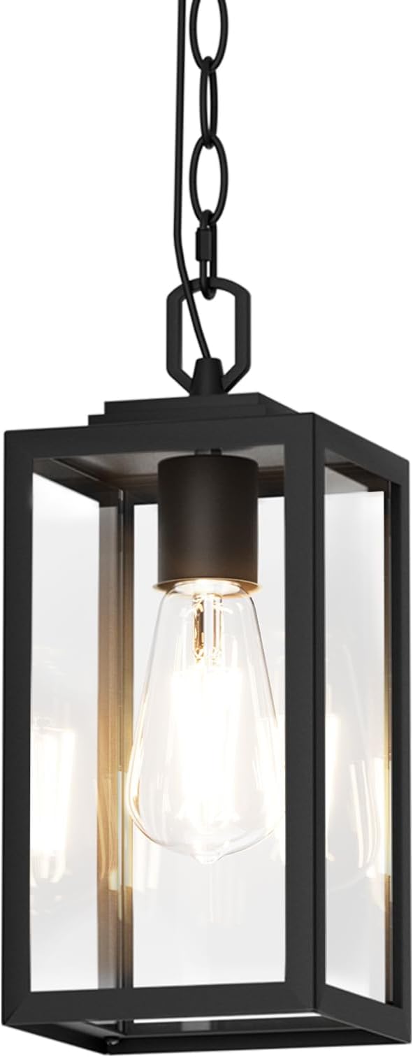 Modern Outdoor Pendant Light 1-Light Outdoor Hanging Lantern Light Matte Black Aluminum with Clear Glass Exterior Pendant Lighting Fixture for Porch Yard Gazebo