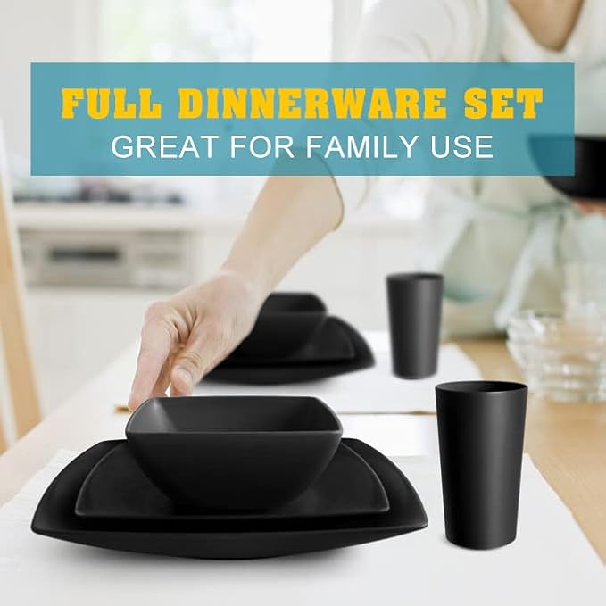 Teivio 16-piece Plastic Wheat Straw Square Dinnerware Set for 4 Unbreakable Dinner Plates Salad Plates Snack Bowls Tumblers 13.5 oz Dishwasher Safe Kitchen Outdoor CampingBlack