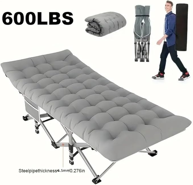 Comfortable and Soft Folding Bed Portable Camping cot with Side Pockets and Mattress Extra-Thick Oversized Folding Bed Weight Capacity of 500/600/700 lbs (Grey 600lbs)