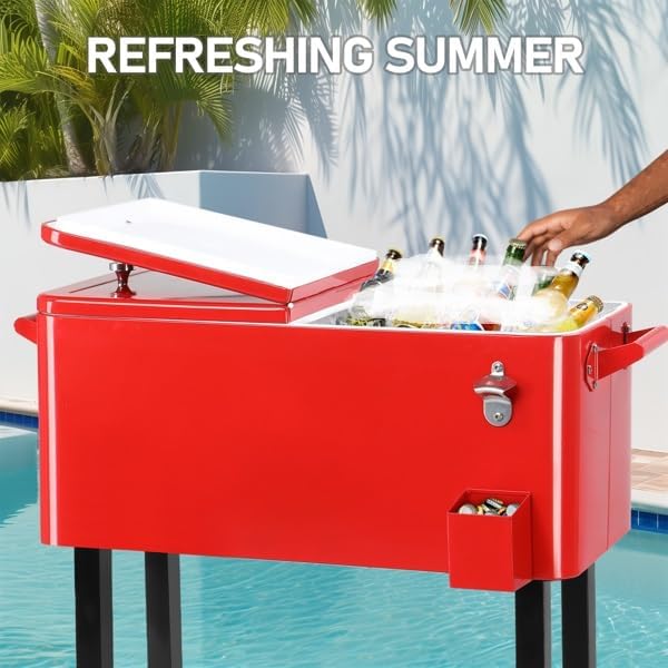 80QT Freezer Cart on Wheels - Red Heavy-Duty Mobile Food Storages Box with Drain Pipe for Restaurant Kitchen Market Portable Cold Storage Box Freezer Kitchen Rolling Storage Container