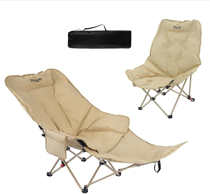 Dual Purpose Folding Camping Cot and Chair with Removable Footrest for Adults Easy-to-Assemble Adjustable Sleeping Chair with Carry Bag for Fishing Hiking Travel Home (Khaki)