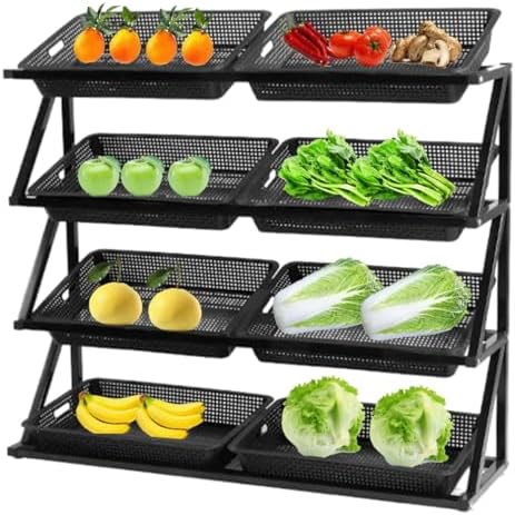 Store Display Rack Wall Mounted Storage Rack Supermarket Convenience StoreCommercial Supermarket Vegetable &amp Fruit Shelf Organizer 4-Tier Snack Rack Display with 8 Baskets Large Capacity