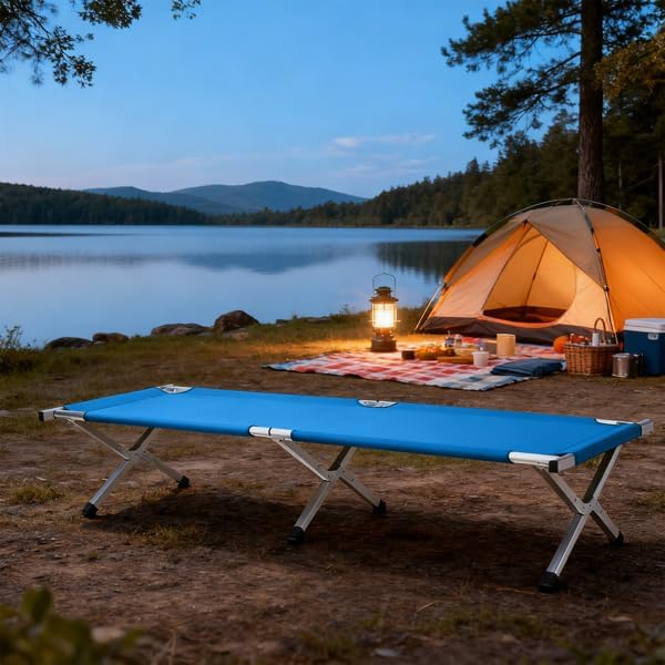 Camp Bed Portable Folding Camping Cot for AdultsIndoor Outdoor Portable Sleeping Cot for Hiking Camping with Carrying Bag (Sky Blue)