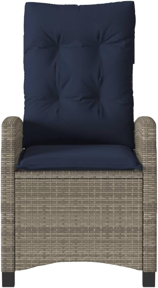 2-Piece Reclining Garden Chair Set with Adjustable Armrests Grey Poly Rattan and Navy Blue Cushions for Patio Outdoor Lounge Furniture with Durable Weather-Resistant