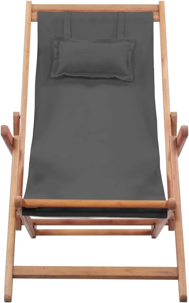 Versatile Folding Beach Chair with Adjustable Recline Comfortable Pillow Wooden Frame Gray