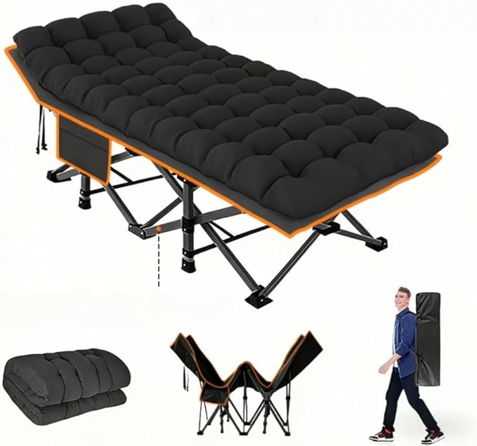DEYUI Portable Adult Sleeping Bed Frame with Mattress | 755/655/55/455/355 lbs Weight Capacity Foldable Guest/Camping Bed Ideal for Teenagers and Adults (555lbs Black Set with Mattress)