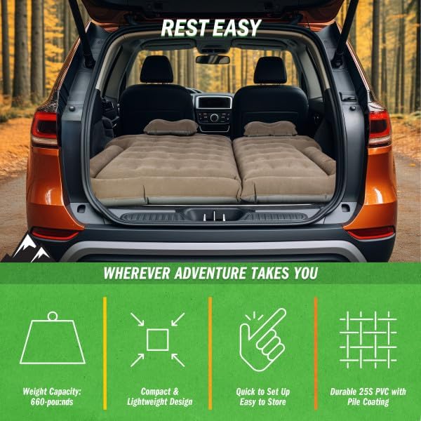 Wakeman Outdoors Inflatable Mattress - Car Air Mattress for SUV or Tent with Aux Outlet Pump and 2 Inflatable Pillows - Car Camping Gear (Gray)