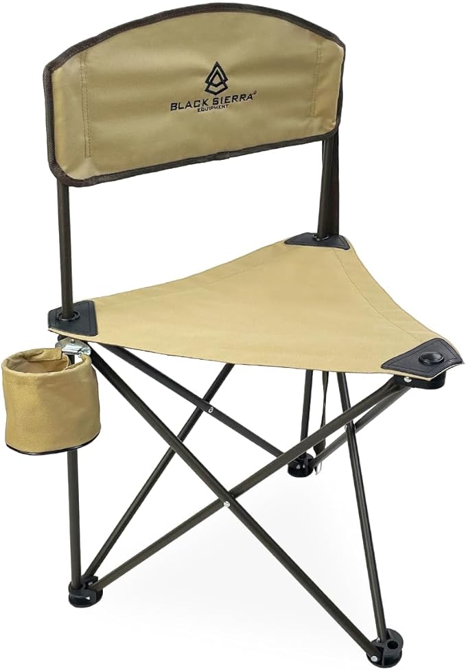 Black Sierra Tri-Lite Stool with Back Lightweight Folding Chair for in the Hunting Blind Camping and Fishing Steel Frame Supports 225 LBS