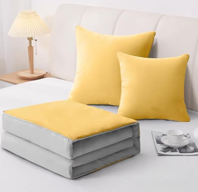 2-in-1 Pillow Blanket | Extra Thick &amp Warm Convertible Comforter for Adults | Soft Flannel Reversible Pillow Throw | Perfect for Couch Bed Travel Camping | Gift Ready (Yellow)