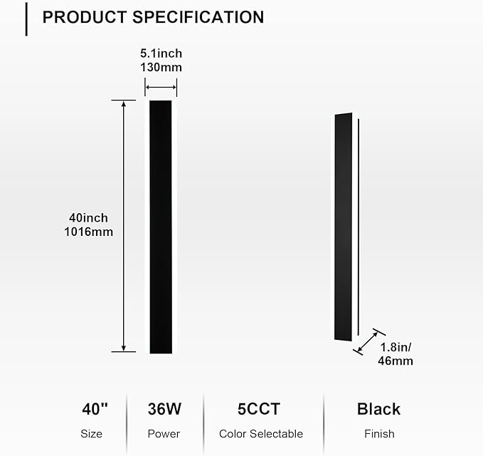 2-Pack 40-Inch Outdoor LED Wall Light Fixtures IP65 Waterproof Exterior Wall Sconce Lighting with Build-in Integrated LED &amp 5 Color Dimmable (3000K/3500K/4500K/5000K/6000K)