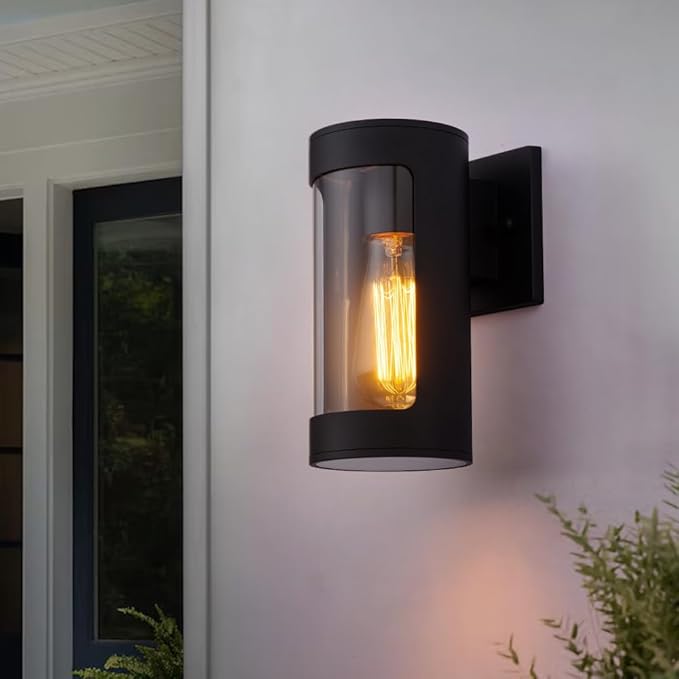 Cerdeco Black Outdoor Wall LightsCylinder Aluminum Porch Light with Transparent GlassModern Outdoor Wall Sconces2 Pack